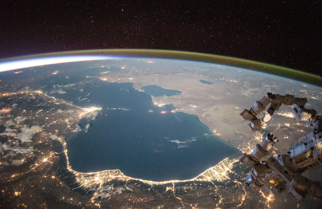 NASA astronaut Scott Kelly captured this earth observation of the Caspian sea on July 27, 2015 while onboard the International Space Station. (JMH-Galaxy-Contact)